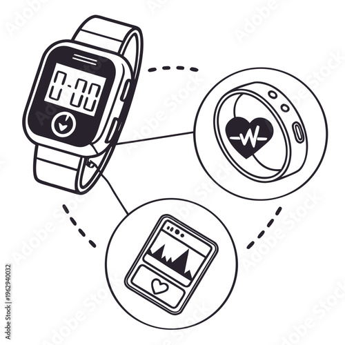 A smartwatch connected to a mobile phone and a heart rate monitor