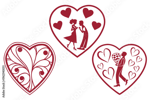 Red heart shaped valentine icons with couple and floral designs