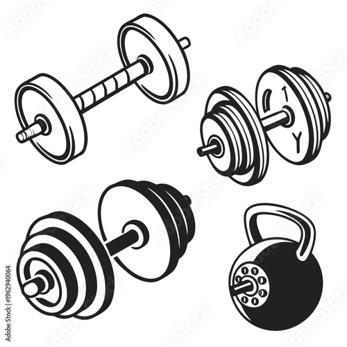 Black and white drawing of various barbells and a kettlebell
