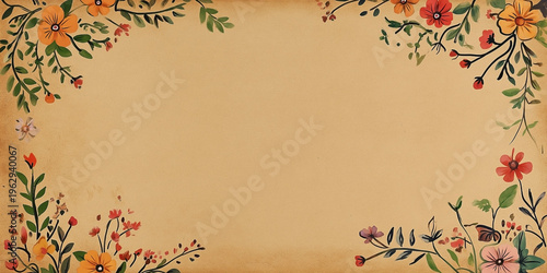 Vintage Parchment Background with Decorative Floral Watercolor Border and Central Copy Space