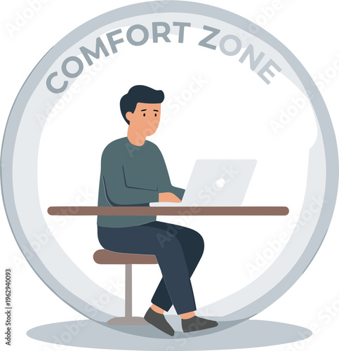 A man works on laptop inside comfort zone bubble at desk