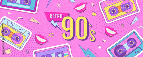 Retro disco poster or banner of 80s-90s with audio cassettes and smiling lips. Memphis style background. Vector illustration