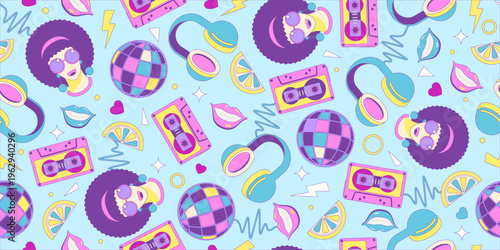 Colorful seamless retro pattern of 80s-90s with disco and music elements.  Disco banner.  Memphis style background. Vector illustration