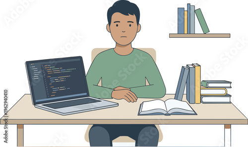 Man sitting at desk with laptop and books studying