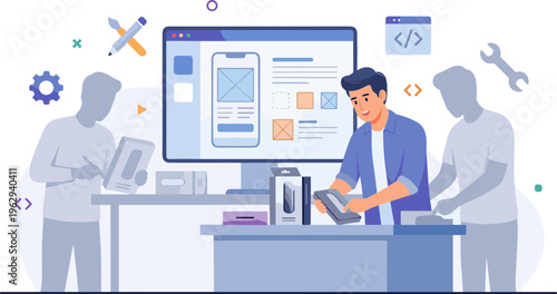 Two developers assist a man working on a computer with a large screen displaying code and a mobile device.