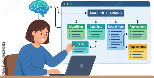 A woman explains machine learning concepts on a laptop at a desk.