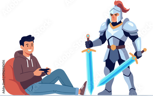 A man sits on a bean bag chair playing video games as a knight stands beside him holding two swords.