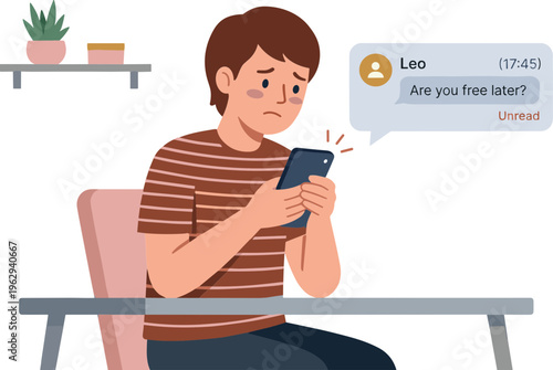 Man sitting at desk looking at phone with message from Leo