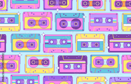 Retro seamless  pattern of 80s-90s with different colorful audio cassettes.  Music disco background. Vector illustration
