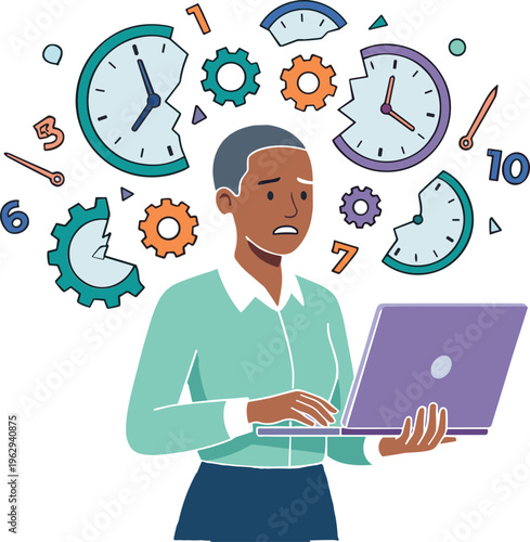 A stressed woman works on her laptop surrounded by clocks and gears.