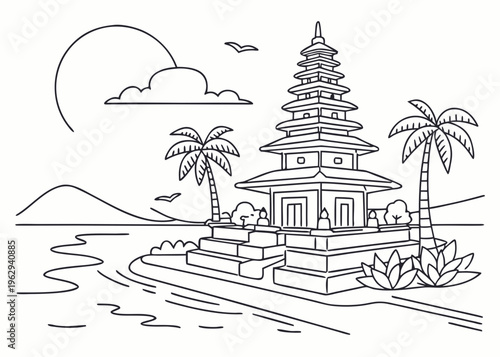 Ancient Asian Pagoda Temple on Island Line Art: Zen Buddhist Tower with Palm Trees, Ocean Waves, and Lotus Flowers for Travel, Culture, and Kids Coloring Book Vector Illustration