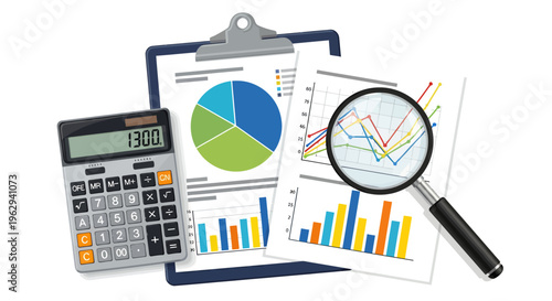 Business Analytics and Charting Tools: A Clipboard with Graphs, Calculator, and Reports.
