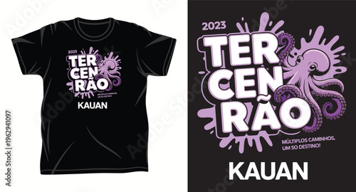 Tshirt design featuring purple octopus and splash background for school class graduation