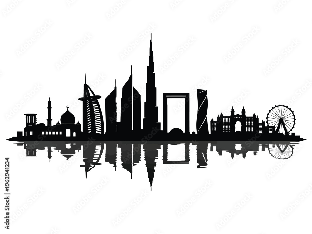 Naklejka premium Print Dubai Skyline Silhouette Vector – Iconic Modern Skyscrapers and Traditional Architecture Cityscape Isolated on White Background