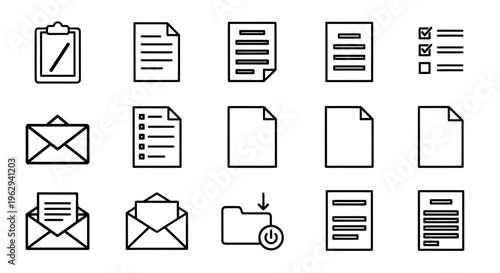 Collection of Office Document and Email Icons in Outline Style for Business and Office Environments.