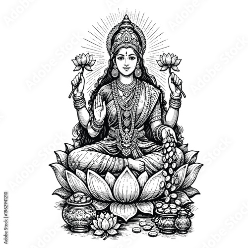 Print  Goddess Lakshmi Hand Drawn Engraving Vector – Black and White Indian Deity Illustration, Traditional Hindu God Art Isolated on White Background