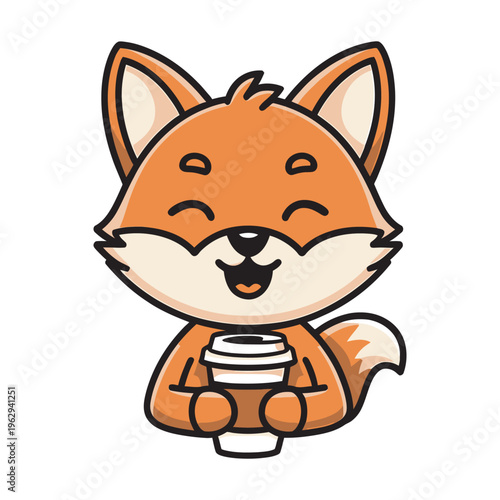 Cute happy fox holding cup of coffee illustration. cartoon mascot character design