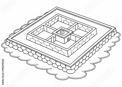Ancient Stone Fortress Foundation Line Art: Isometric Archeological Site Plan with Stone Walls and Central Chamber for Education, History, and Architecture Coloring Page Vector