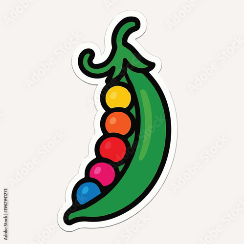 Cute cartoon green pea pod filled with a spectrum of multi-colored round peas, isolated as a playful and vibrant sticker design.b