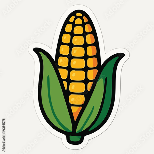 A vibrant cartoon illustration of a single ear of corn, featuring bright yellow kernels and fresh green husks, perfect for agricultural designs or food-related themes.