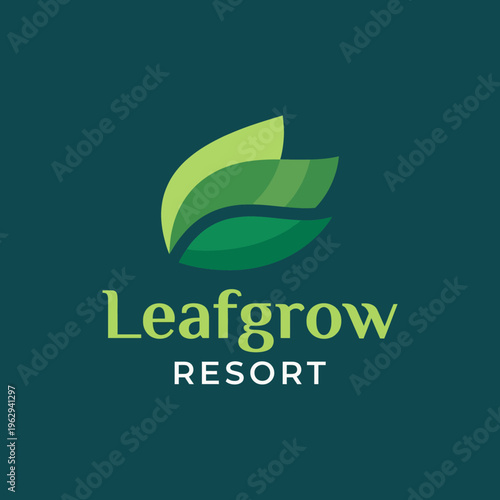 A modern logo for Leafgrow Resort showcasing a unique leaf design, representing tranquility and nature, perfect for eco-friendly vacation destinations and wellness retreats.