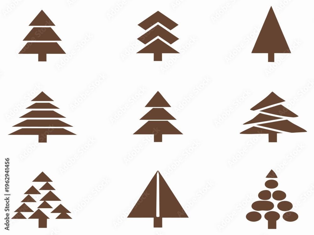 Obraz premium Print Minimal Geometric Pine Tree Set Vector – Brown Abstract Christmas Tree Icons, Modern Holiday Design Isolated on White Background