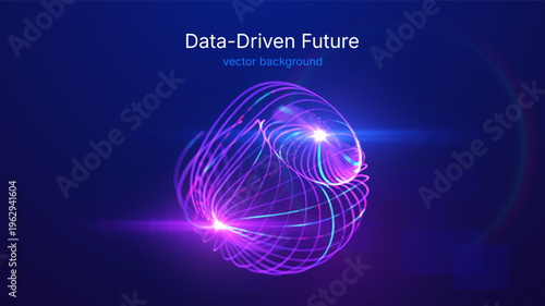 Abstract technology vector background with luminous curved lines forming dynamic structure on blue background. Concept for big data research, artificial intelligence, digital network, data processing.