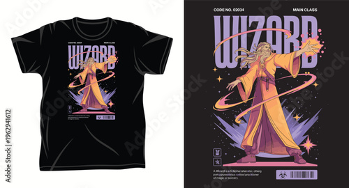 Wizard main class t-shirt design with an old wizard casting a spell, stars, and abstract elements