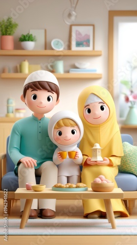 Muslim family celebrating Eid al Fitr at home with foods