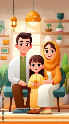 Muslim family celebrating Eid al Fitr together at home