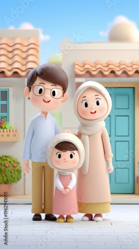 Muslim family with little daughter celebrating Eid al Fitr in front of their house