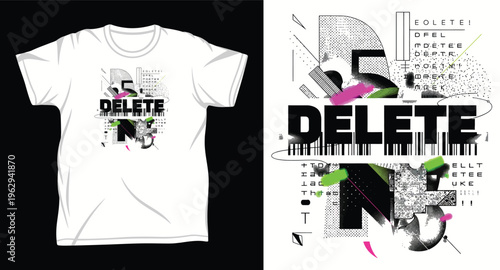 Delete abstract geometric design with distressed textures and neon accents on a t-shirt