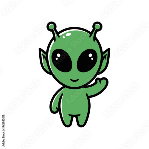 Cute Green Alien Waving Hello Cartoon Illustration.