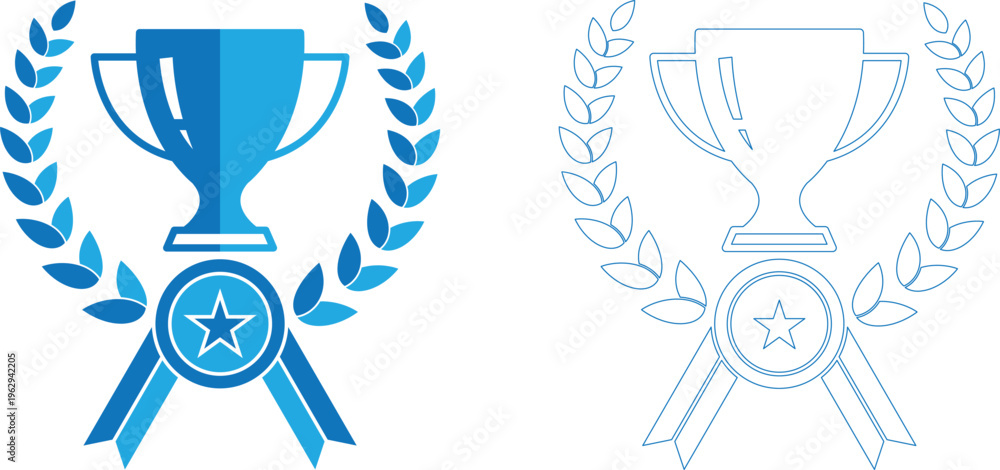 Naklejka premium Blue and white trophy icons with laurel wreaths and ribbons on a white background