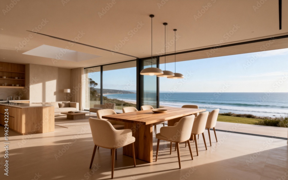 Fototapeta premium Modern Interior Dining Room with Ocean View