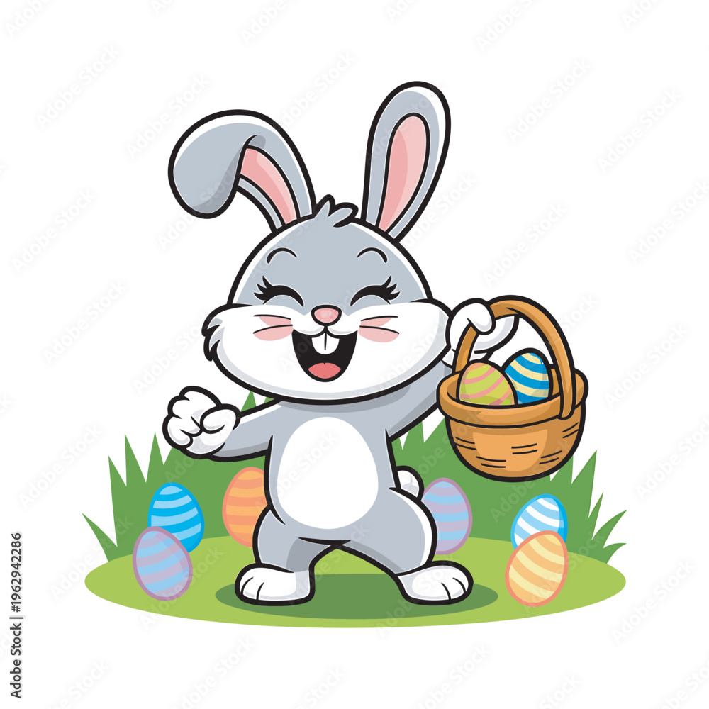 Obraz premium Happy little bunny holding easter egg basket standing on green grass