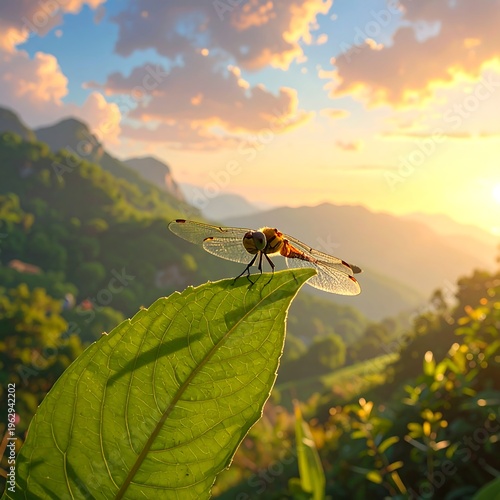 A serene dragonfly perches on a leaf overlooking a valley