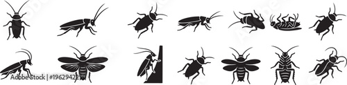 Cockroach Pest Silhouette Icons – 12 Vector Poses of Roaches and Beetles.