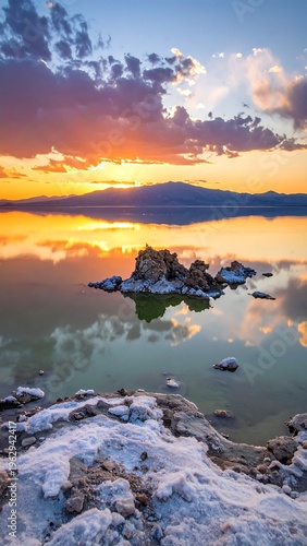 A serene landscape of a lake at sunset with a rocky shoreline