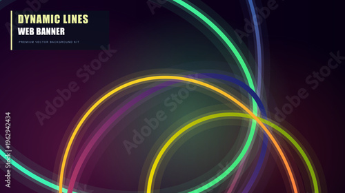 Dynamic lines web banner with glowing neon light trails. Abstract futuristic background with colorful curved light lines. Modern digital art vector for technology and gaming headers.