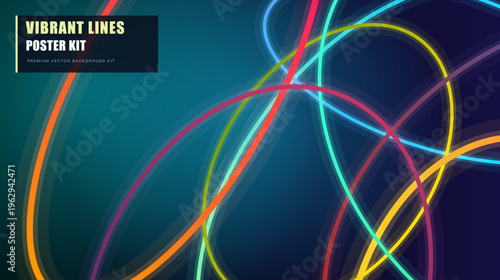 Vibrant lines poster kit with glowing neon curves, abstract colorful light trails on dark background vector, modern digital art composition for creative covers and web banners