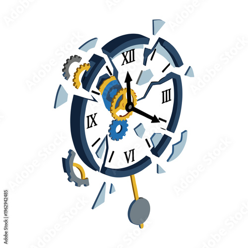 Broken clock face shatters with gears and pendulum falling apart