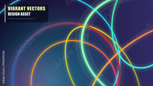 Abstract neon light trails on dark background, vibrant vector design asset with glowing colorful circles, futuristic motion lines for technology and digital marketing presentations