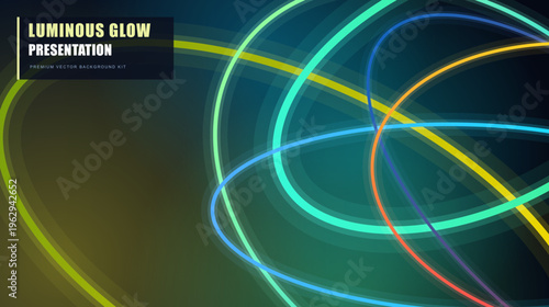 Luminous glow presentation background with neon light trails, abstract futuristic vector with glowing circular lines, vibrant energy motion graphics for digital tech wallpaper