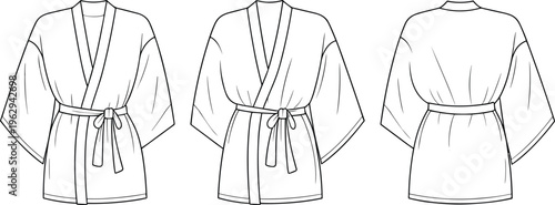 Women bathrobe kimono vector technical drawing with front and back view isolated on white background for apparel design mockup and fashion sketches