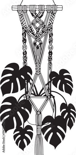 Black and white macrame plant hanger with monstera leaves