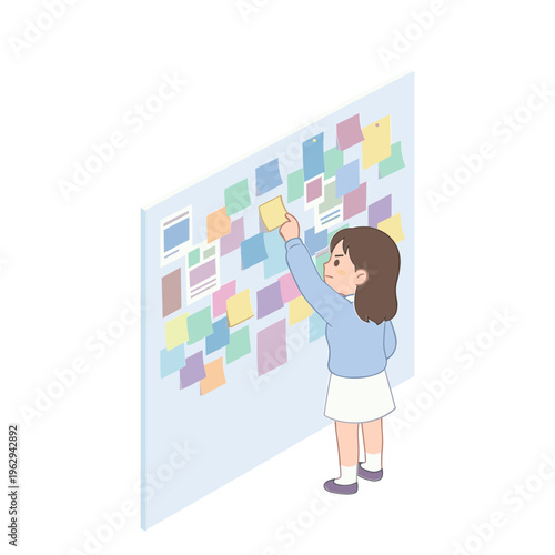 A woman is placing a sticky note on a large board covered with colorful notes in an office.