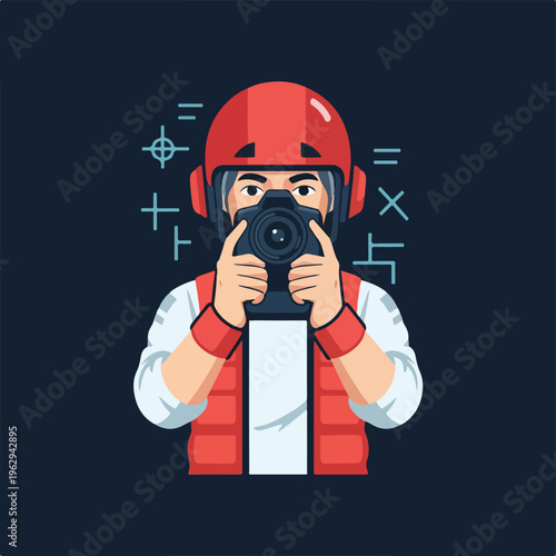 A person with a red helmet holding a camera. Vector graphic style