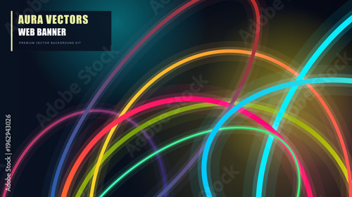 Aura vectors web banner with glowing neon light trails, abstract colorful energy lines on dark background, vibrant futuristic motion curves for digital marketing and tech headers
