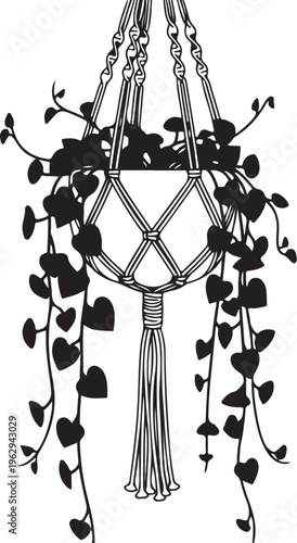Black and white of a plant hanger with heart shaped leaves